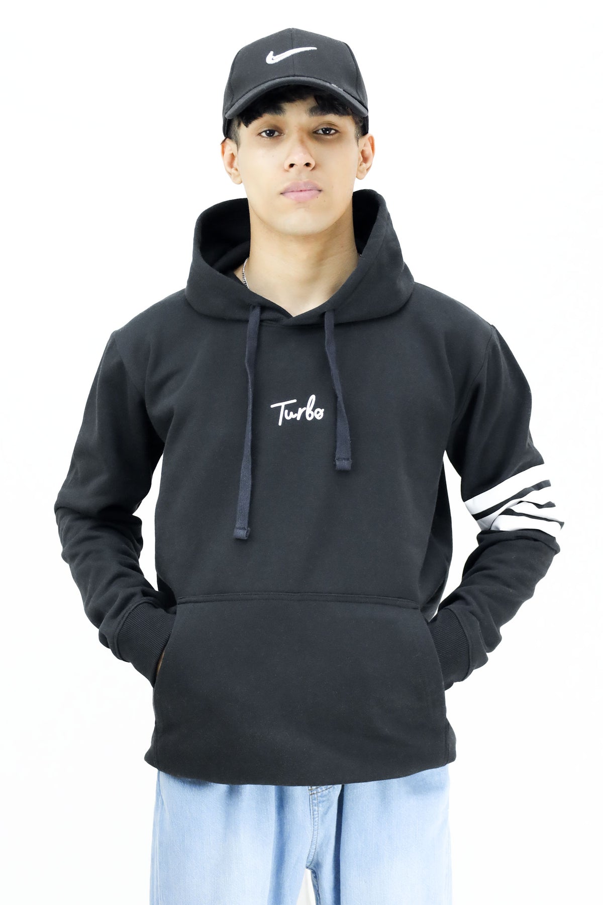 Turbo Arm Stripe Fleece Hoodie In Black