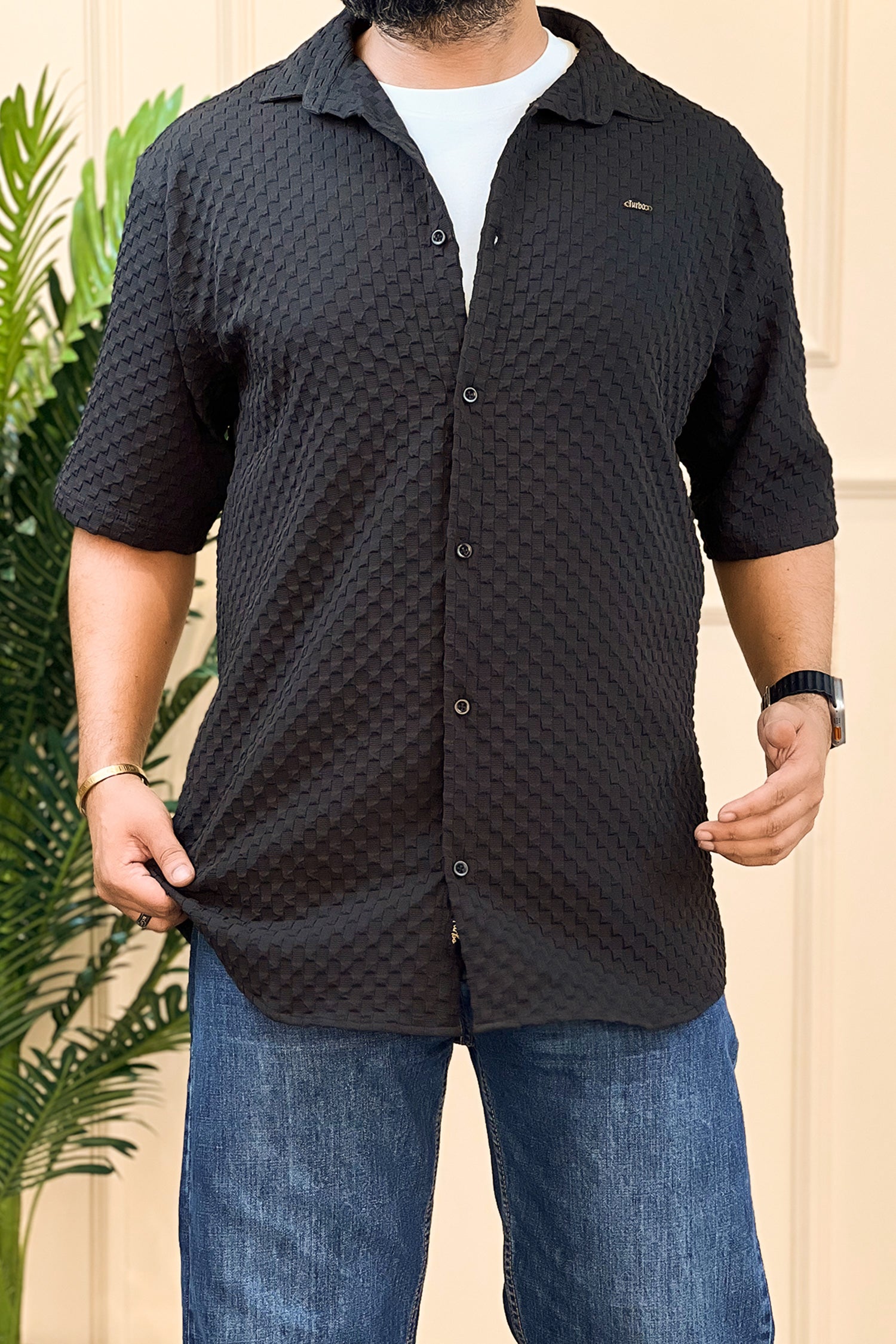 Turbo Popcorn Cuba Waffle Casual Shirt In Black