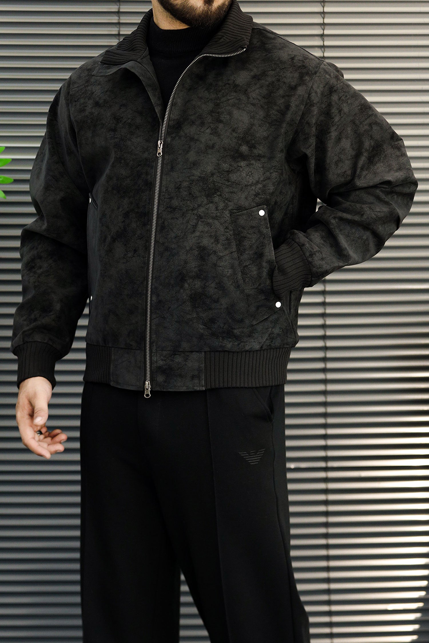 Men's Affordable Sweat Suede Leather Jacket In Black