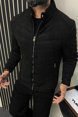 Stitched Motif Pattern Men's Suede Jacket In Black