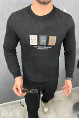 Embriodered Slogan Round Neck Imported Men's Sweatshirt