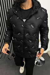 Nke Alphabets Pattern Quilted Padded Imported Puffer Jacket In Black