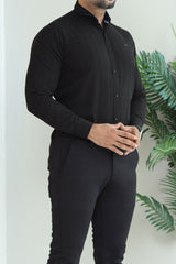 Turbo Billy Textured Knit Long Sleeve Cotton Casual Shirt In Black