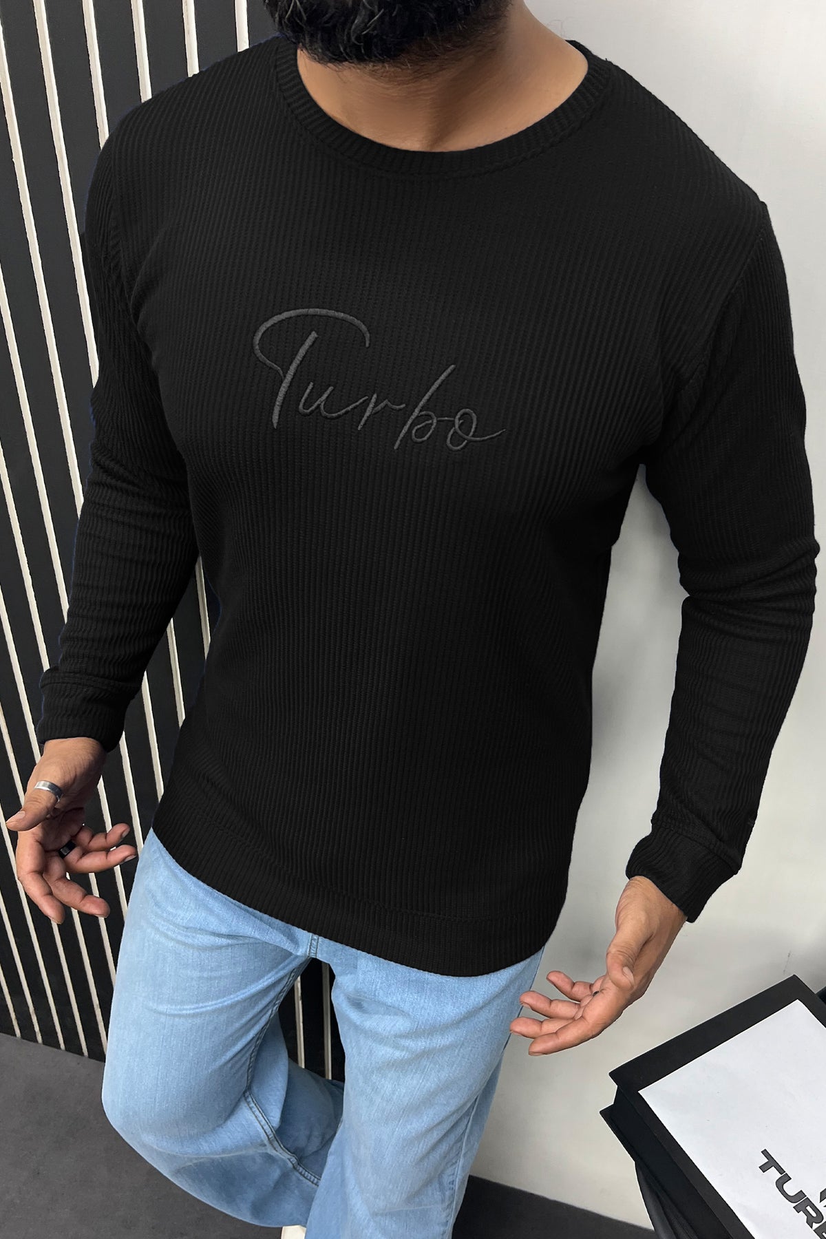 Turbo Signature Logo Round Neck Thermal Cotton Men's Sweatshirt In Black