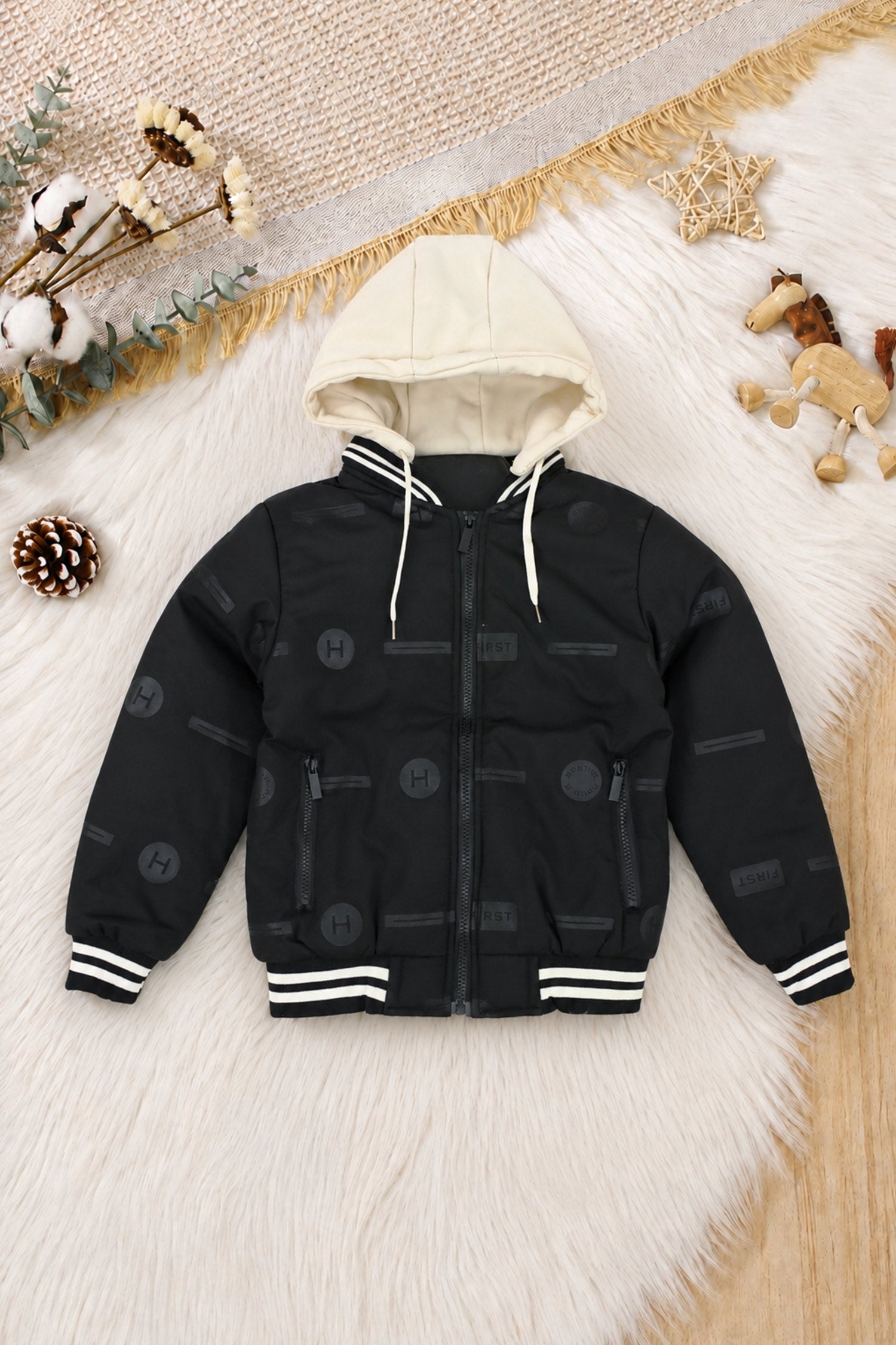 Casual Detachable Hood Imported Kid's Puffer Jacket In Black