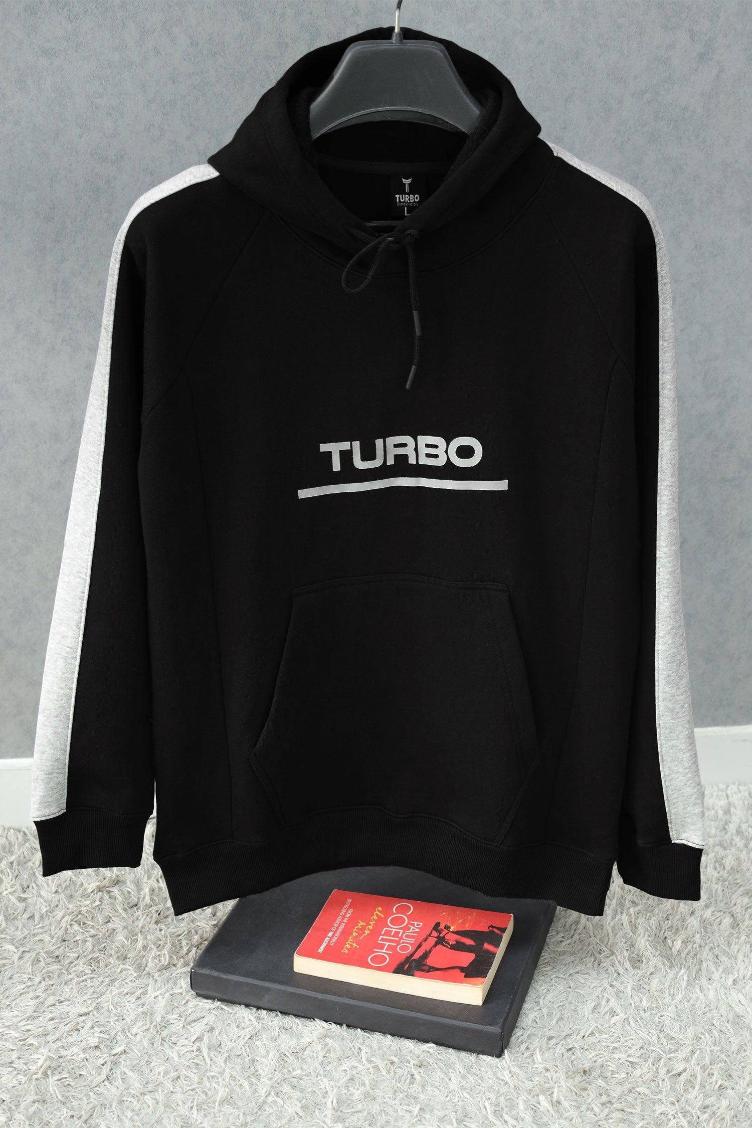 Turbo Panel Stripe Warm Fleece Hoodie In Black