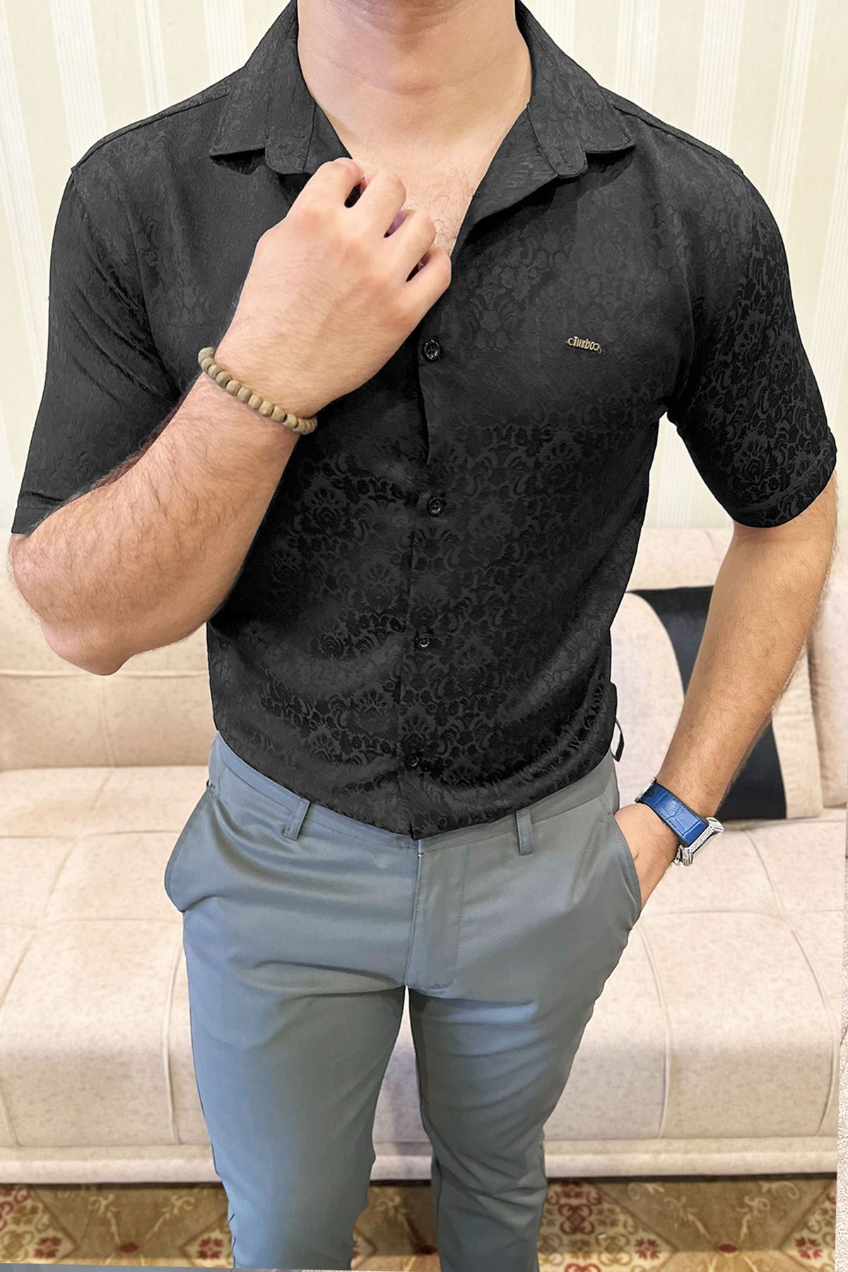 Turbo Designer Motif Floral Casual Shirt In Black