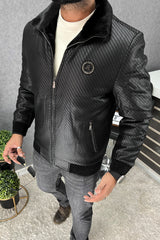 Texture Pattern Full Fur Collar Men's Imported Leather Jacket