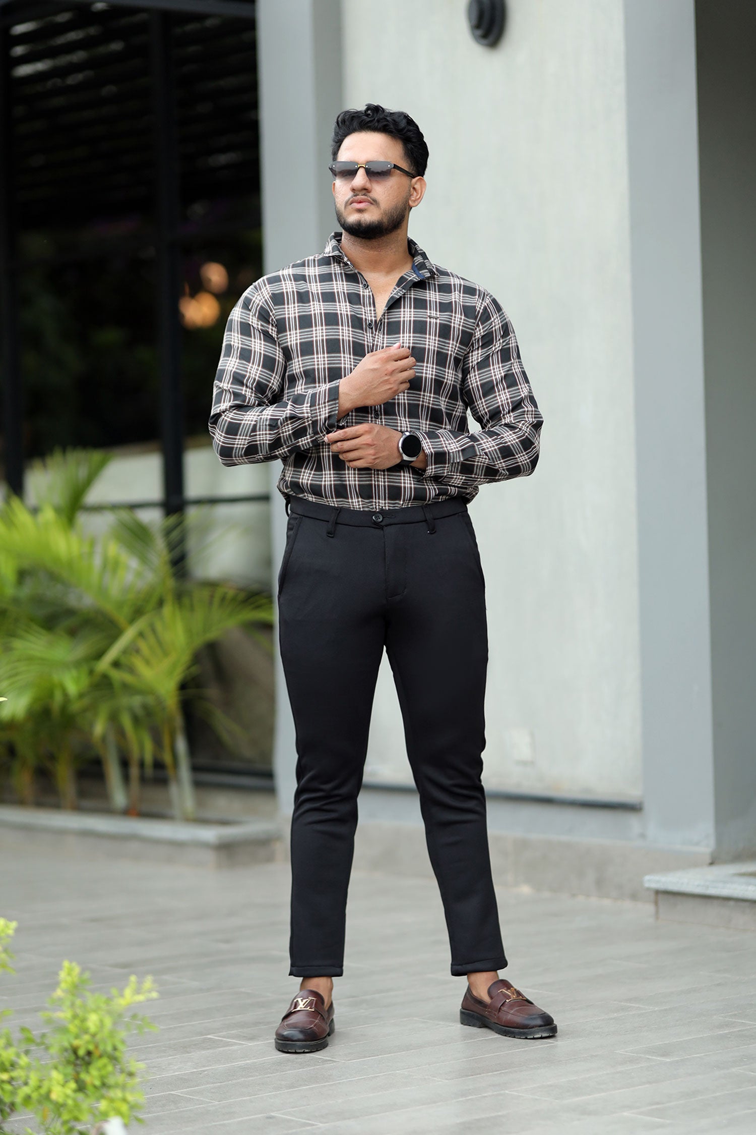 Turbo Tattersall Checkered Long Sleeve Cotton Casual Shirt In Black