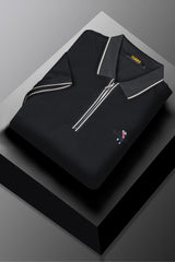 Turbo Polo Striped Travel Zip Collar Men's Polo Shirt In Black