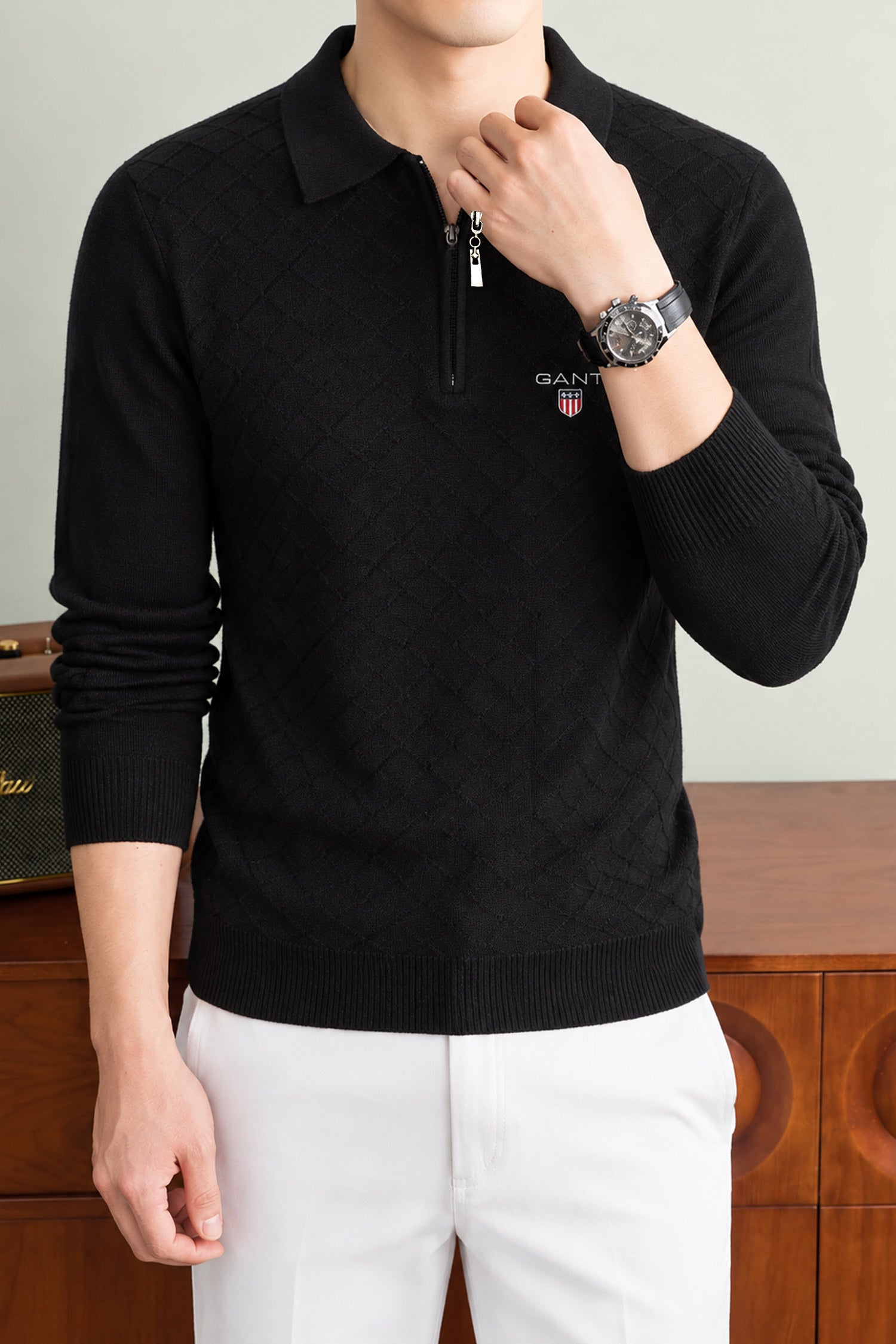 Gnt Diamond Textured Quarter-Zip Imported Men's Jumper Sweater In Black