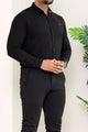 Turbo Self Stripe Motif Long Sleeve Cotton Casual Shirt In Black
