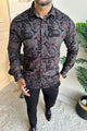 Turbo Retro Flower Motif Long Sleeve Cotton Casual Shirt In Black