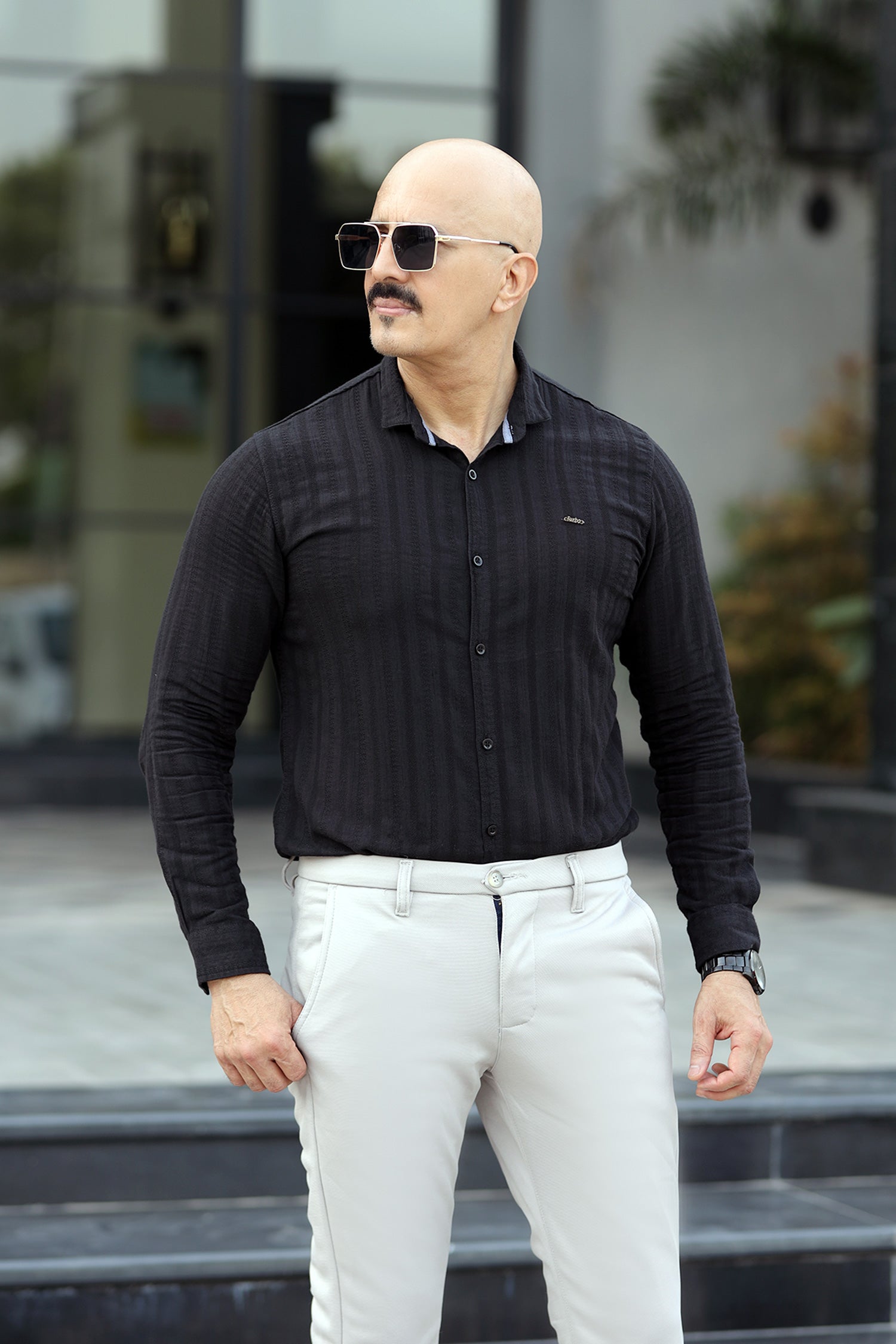 Turbo Self Stripe Motif Long Sleeve Cotton Casual Shirt In Black