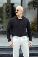 Turbo Self Stripe Motif Long Sleeve Cotton Casual Shirt In Black