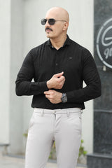 Turbo Vintage Patterend Long Sleeve Cotton Casual Shirt In Black