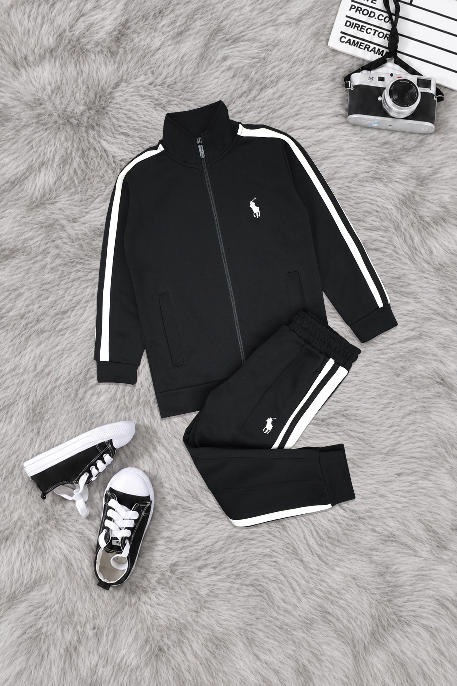 Polo Pony Style Side Stripe Zipper Kid's Co-Ord Set In Black
