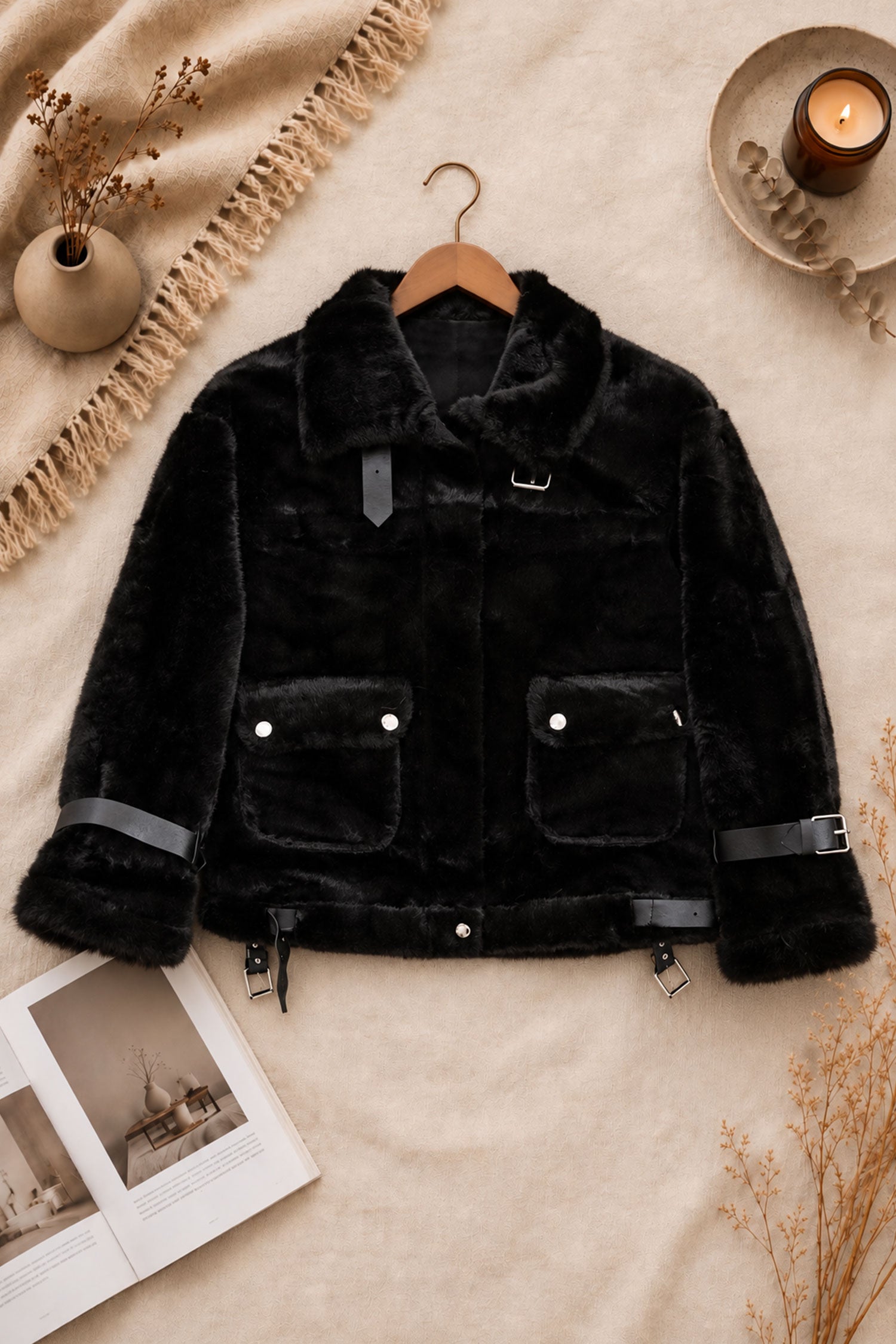 Women Belt Plush Imported Fur Jacket In Black