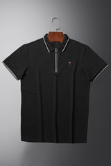 Turbo Polo Striped Travel Zip Collar Men's Polo Shirt In Black