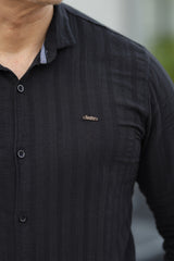 Turbo Self Stripe Motif Long Sleeve Cotton Casual Shirt In Black
