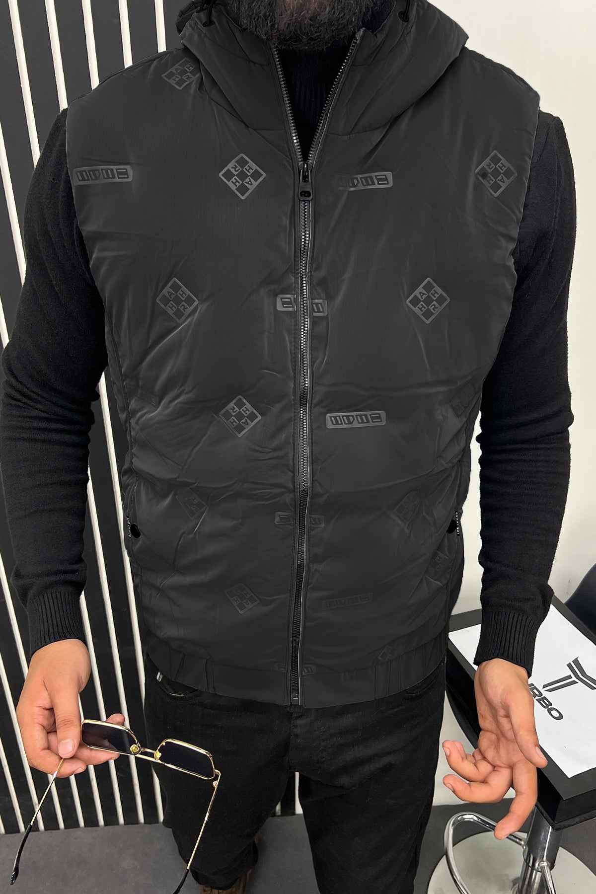 All Over Logo Detachable Hooded Imported Men's Gilet