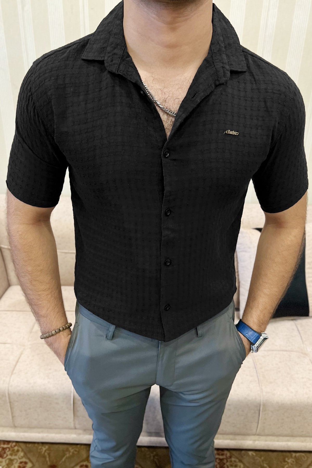 Turbo Designer Motif Embossed Casual Shirt In Black