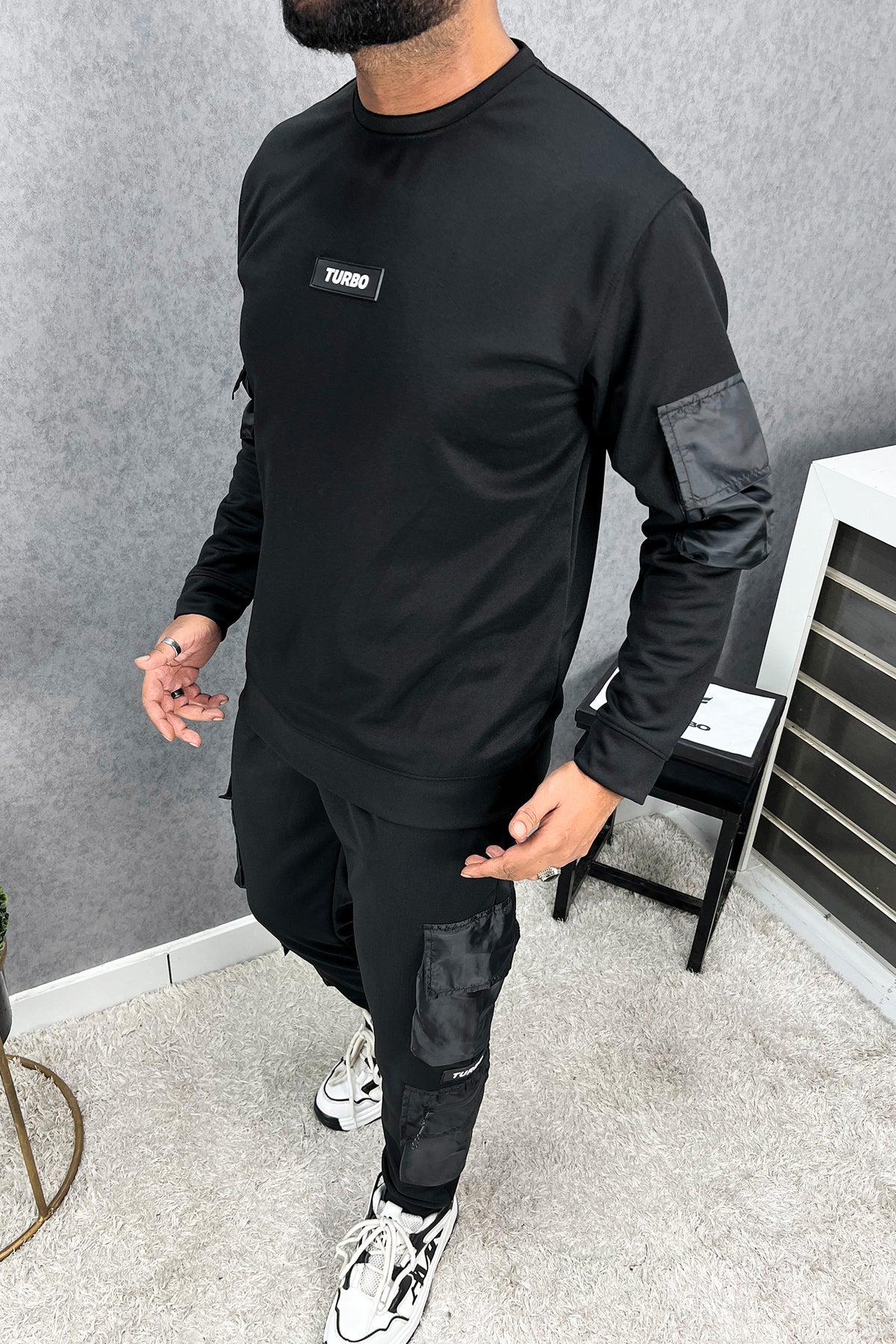 Turbo 6 Pocket Style Men Round Neck Tracksuit In Black