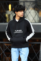 Turbo Panel Stripe Warm Fleece Hoodie In Black