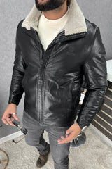 Trendy Full Fur Collar Men's Imported Leather Jacket