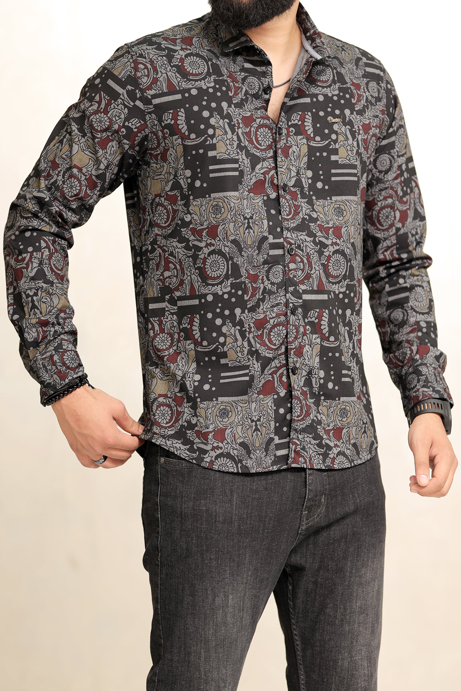 Turbo Retro Flower Motif Long Sleeve Cotton Casual Shirt