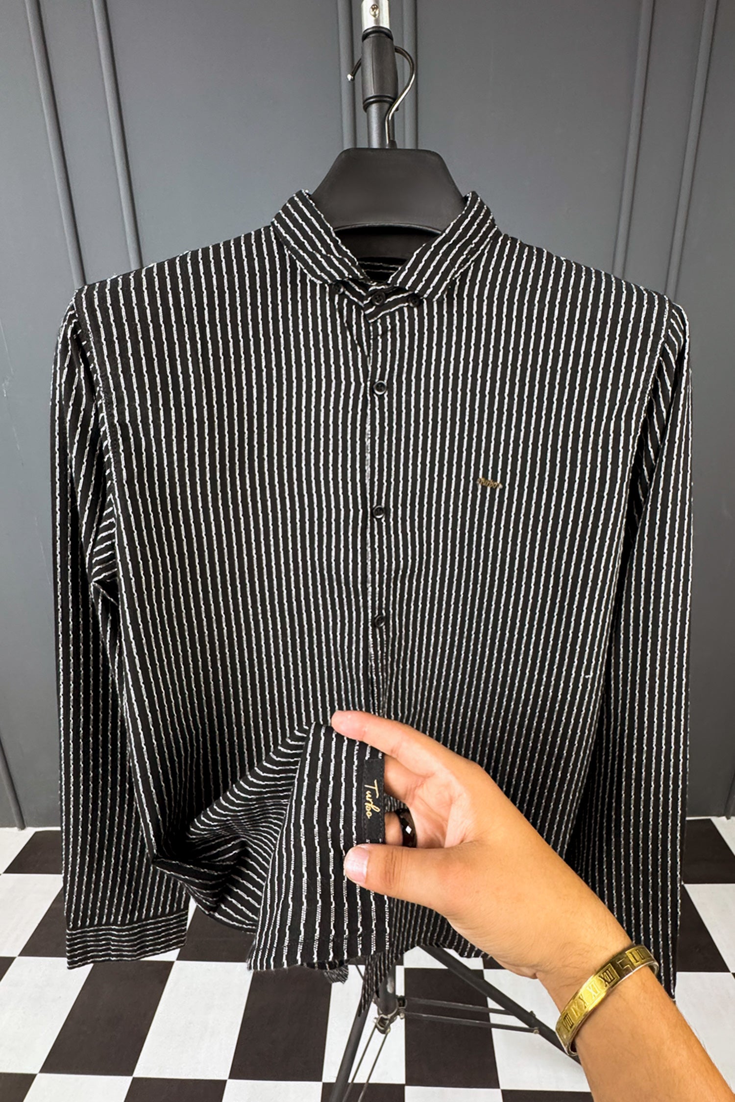 Turbo Lining Check Creation Long Sleeve Cotton Casual Shirt