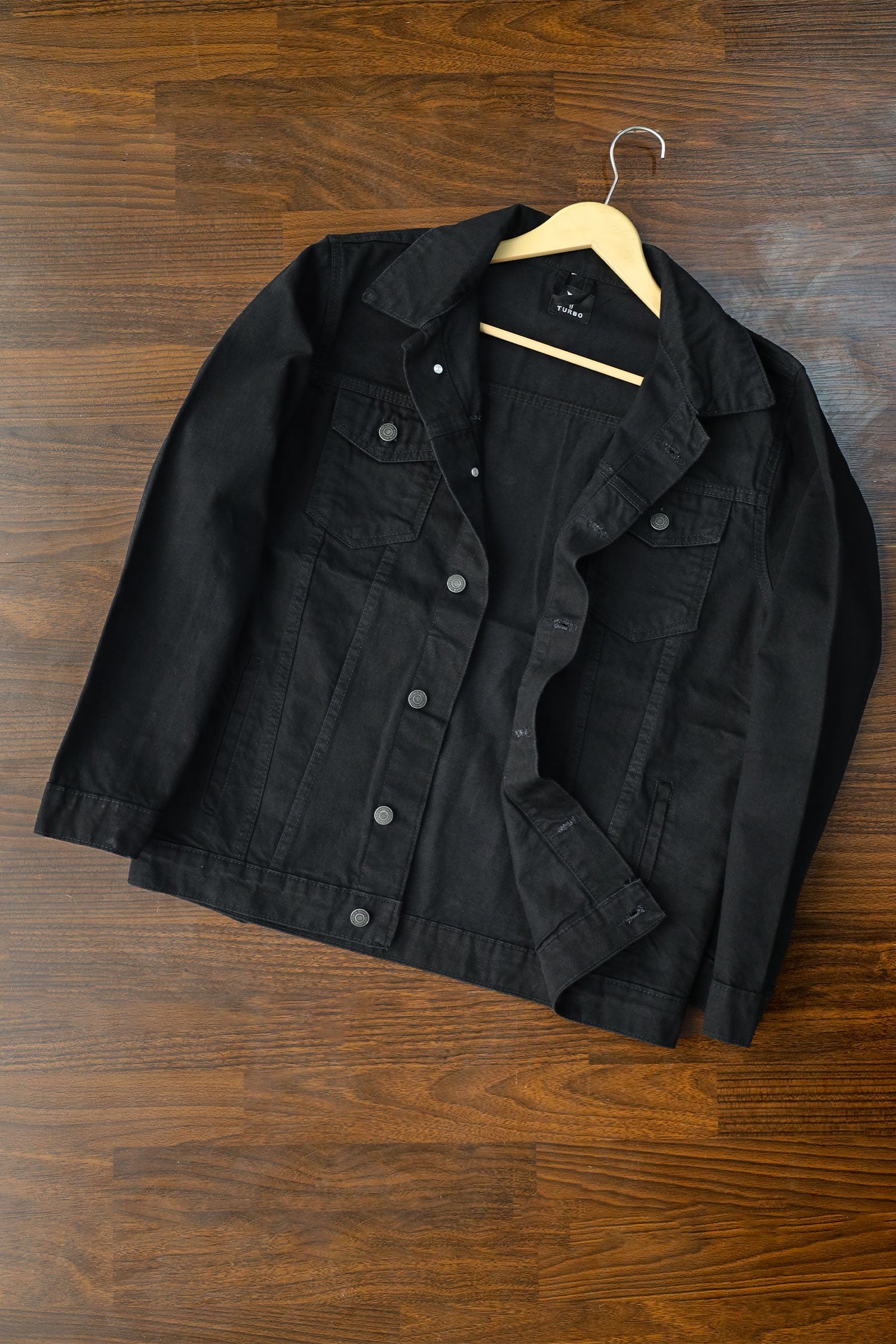 Slim Fit Front Pocket Style Denim Jacket in Black