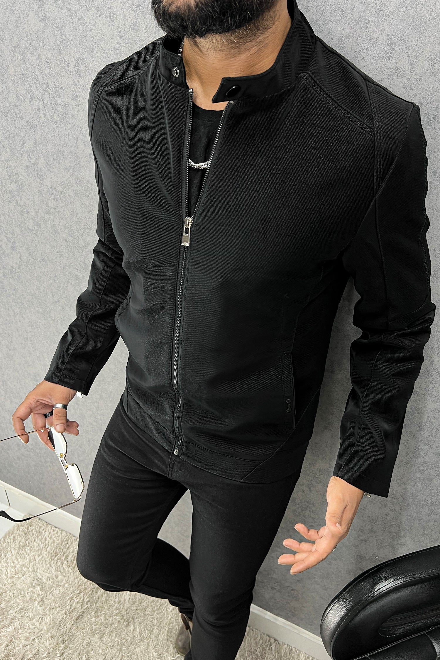 Plain Stand Collar Button Men's Imported Suede Leather Jacket