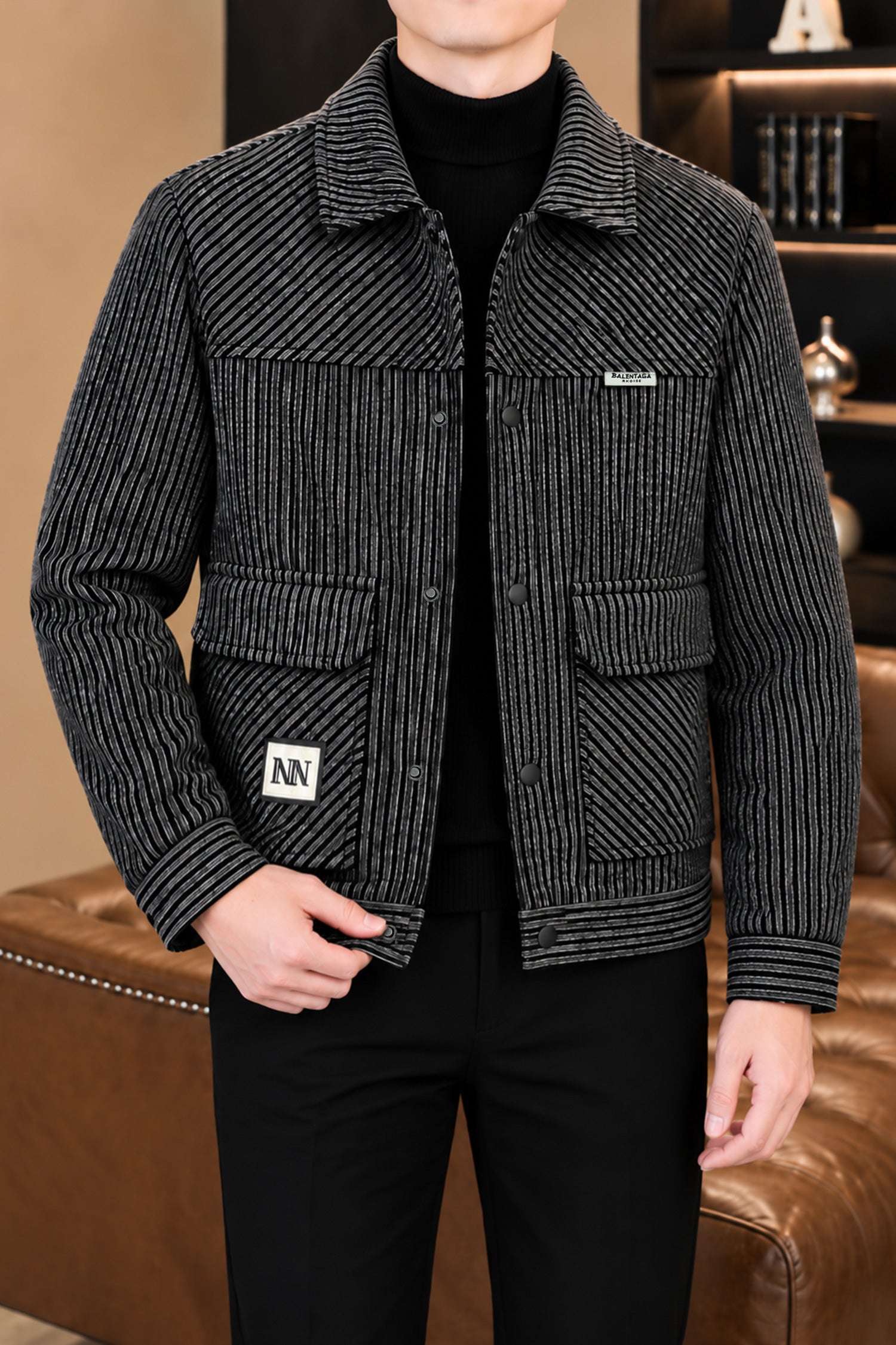 Multicolor Corduroy Imported Men's Wool Jacket In Black