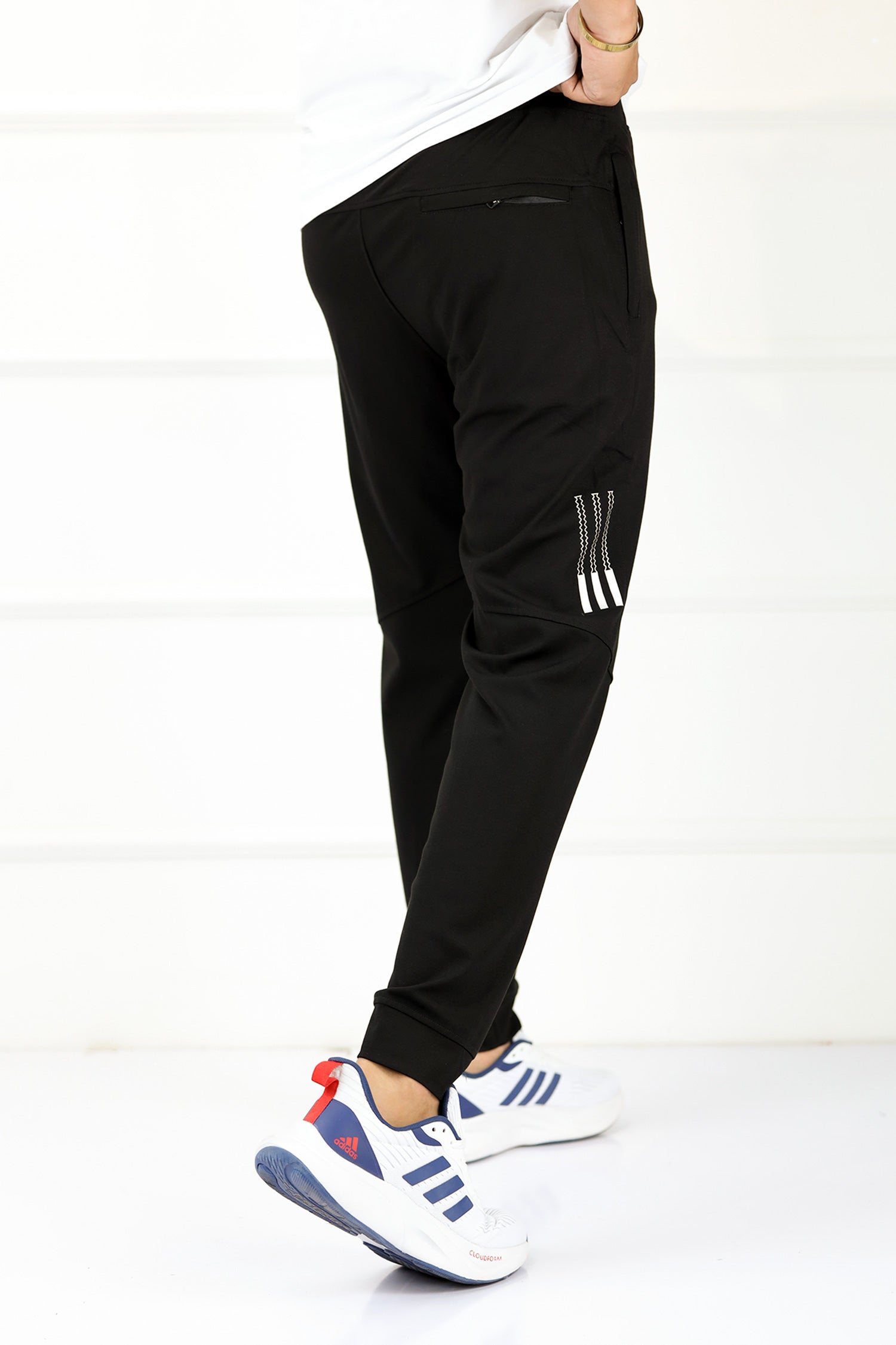 Adds Textured 3 Strip Line Poly Premium Sportswear Trouser in Black