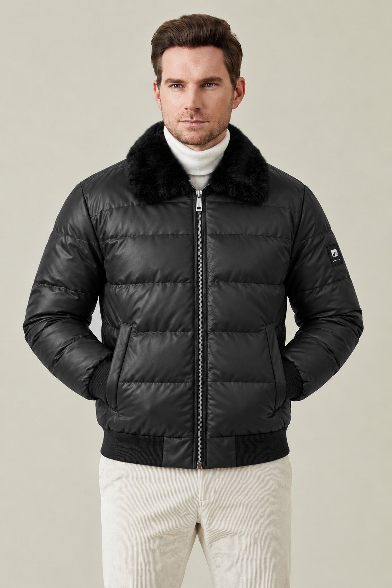 Men's Relaxed-Fit Solid Retro Imported Pu Puffer Jacket