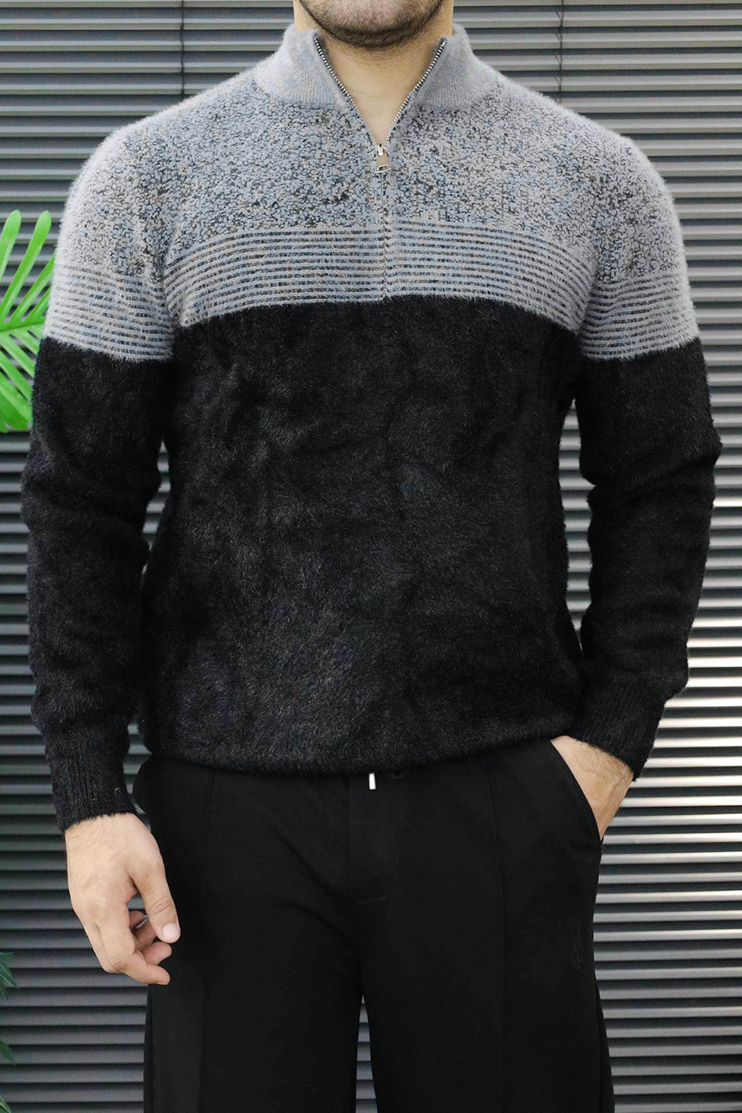 Organic Color-Block Quarter-Zip Imported Rabbit Wool Men's Sweater In Black&Grey