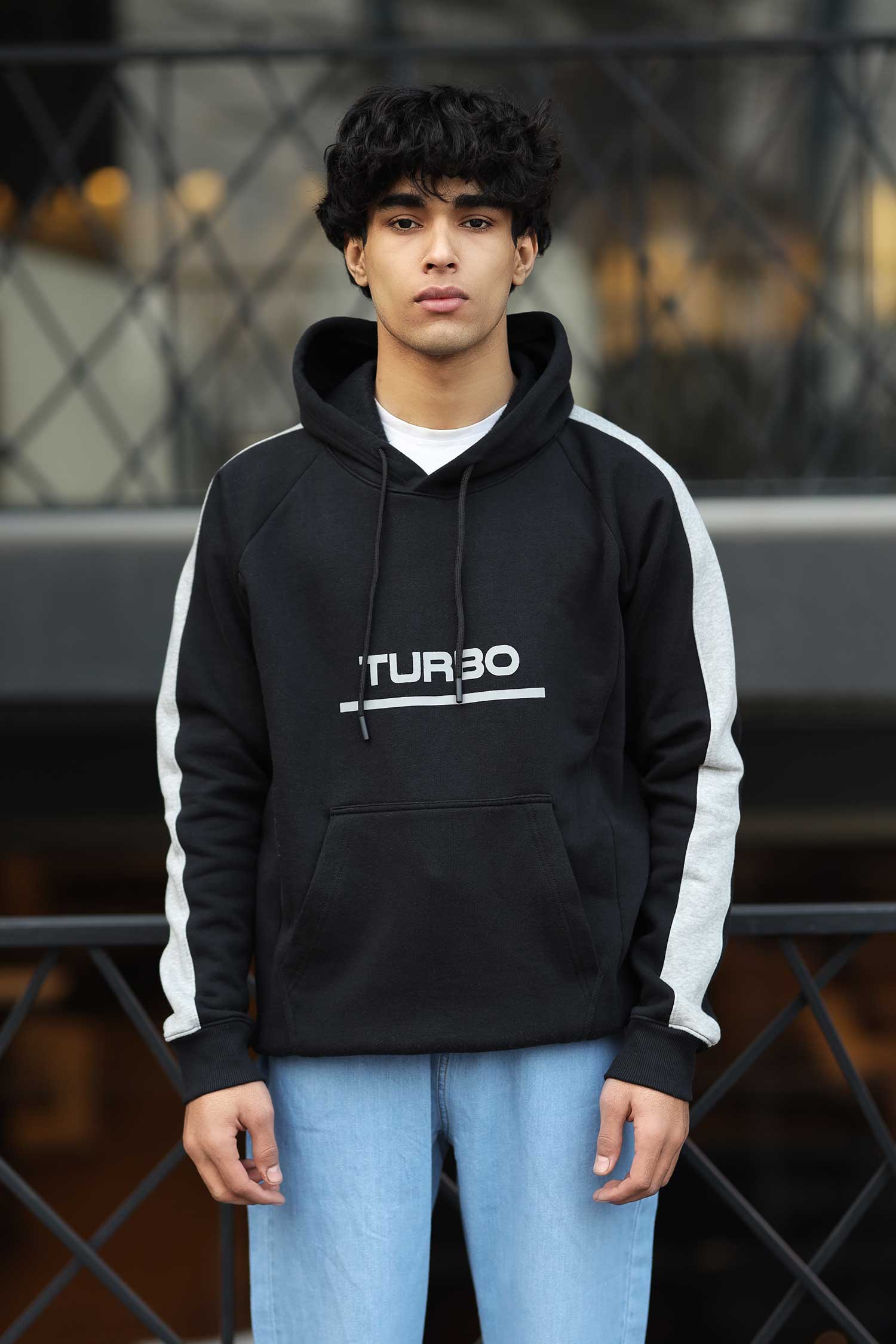 Turbo Panel Stripe Warm Fleece Hoodie In Black