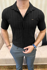 Turbo Wave Texture Crochet Casual Shirt In Black