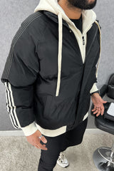 Panel Stripes Dual Zip Hooded Over-Sized Imported Puffer Jacket In Black