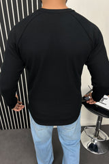 Turbo Waffle Texture Round Neck Thermal Cotton Men's Sweatshirt In Black