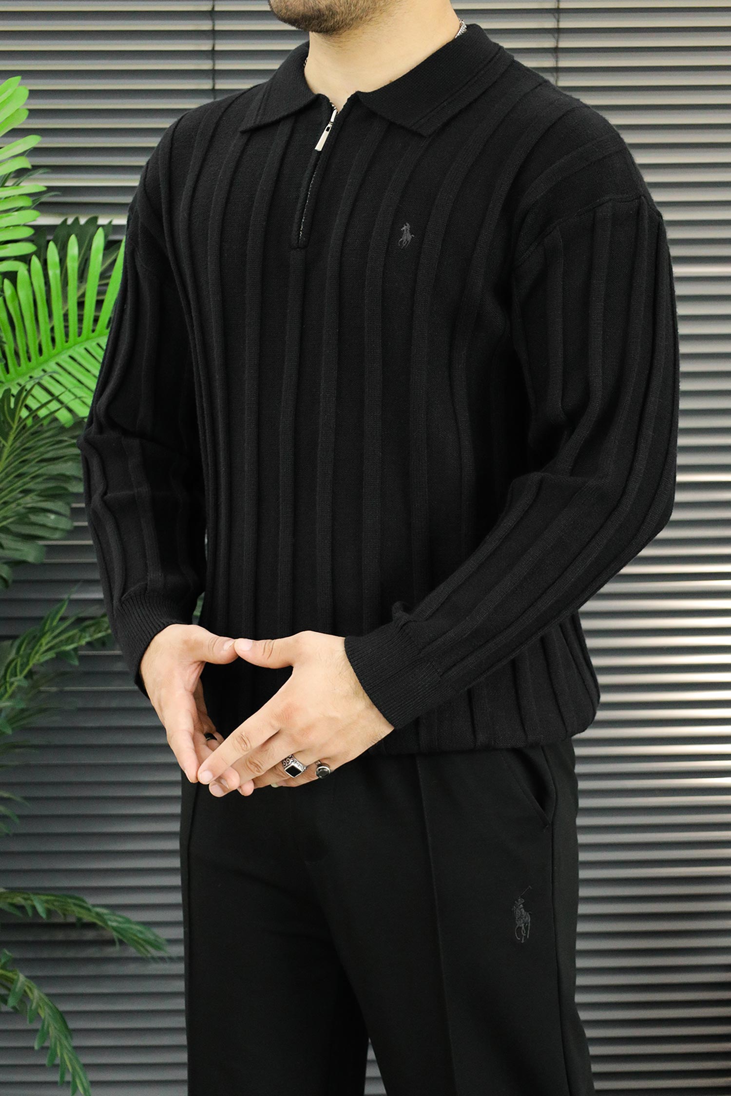 Turbo X Polo Ribbed Texture Quarter-Zip Imported Men's Jumper Sweater In Black