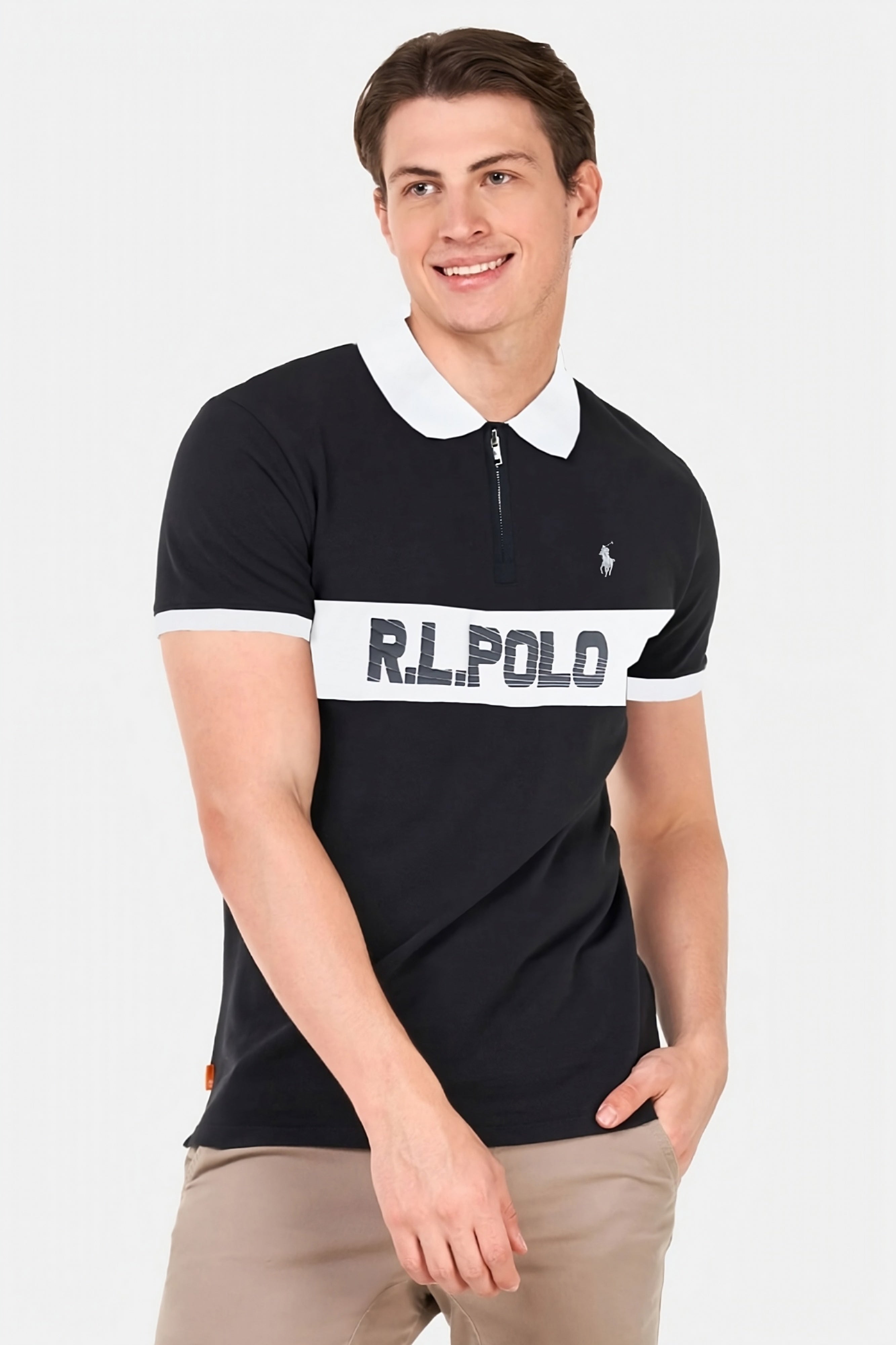 Rph Lren Classic Short Striped Zip Style Men's Polo Shirt
