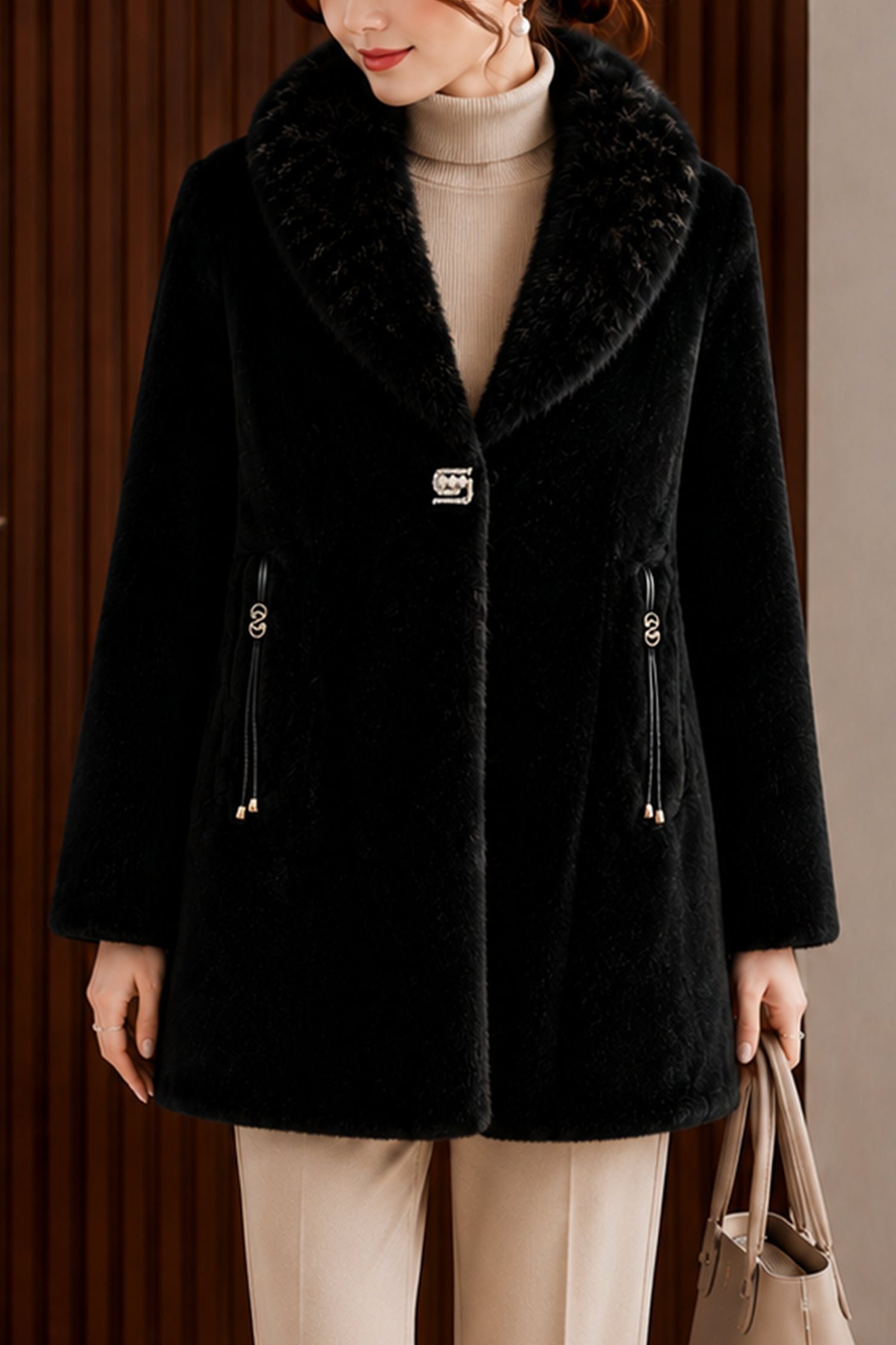 Women's Faux Fur Imp Wool Long Coat In Black