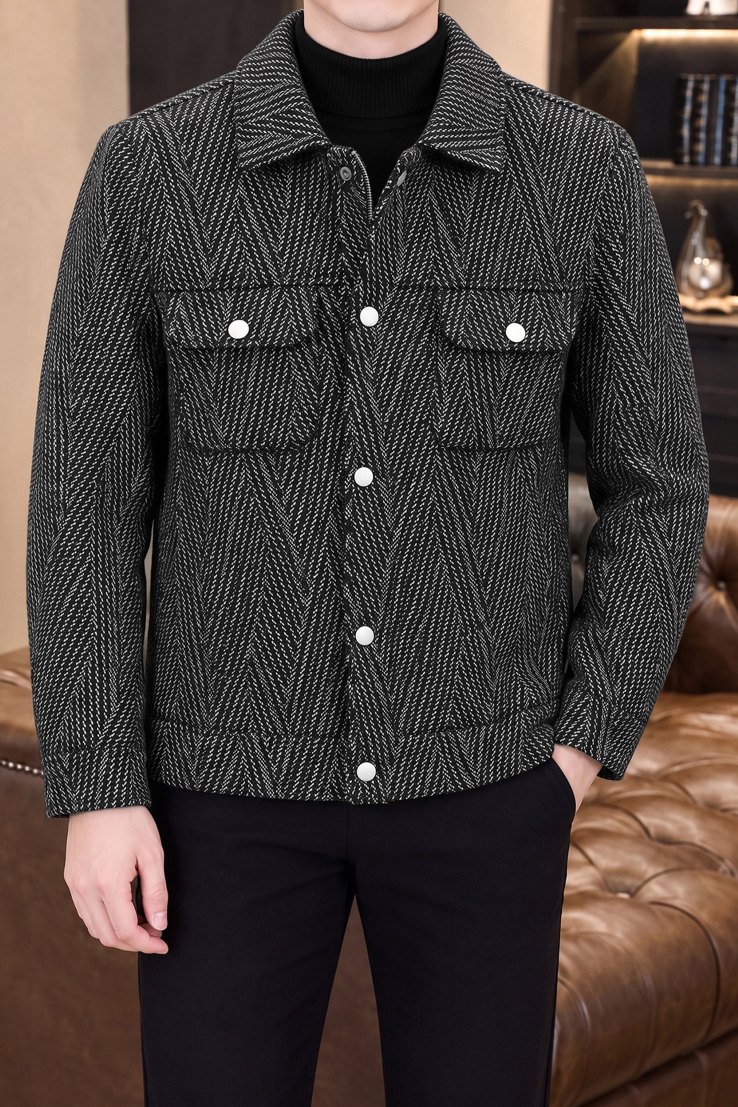 Sharp Herringbone Texture Imported Men's Wool Jacket In Black