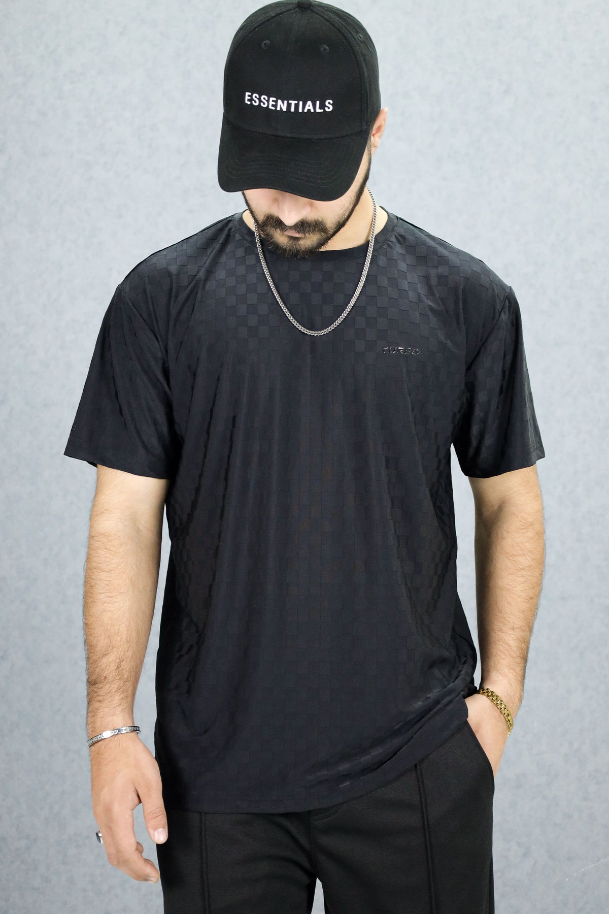 Turbo Checkered Pattern Crew Neck Tee In Black