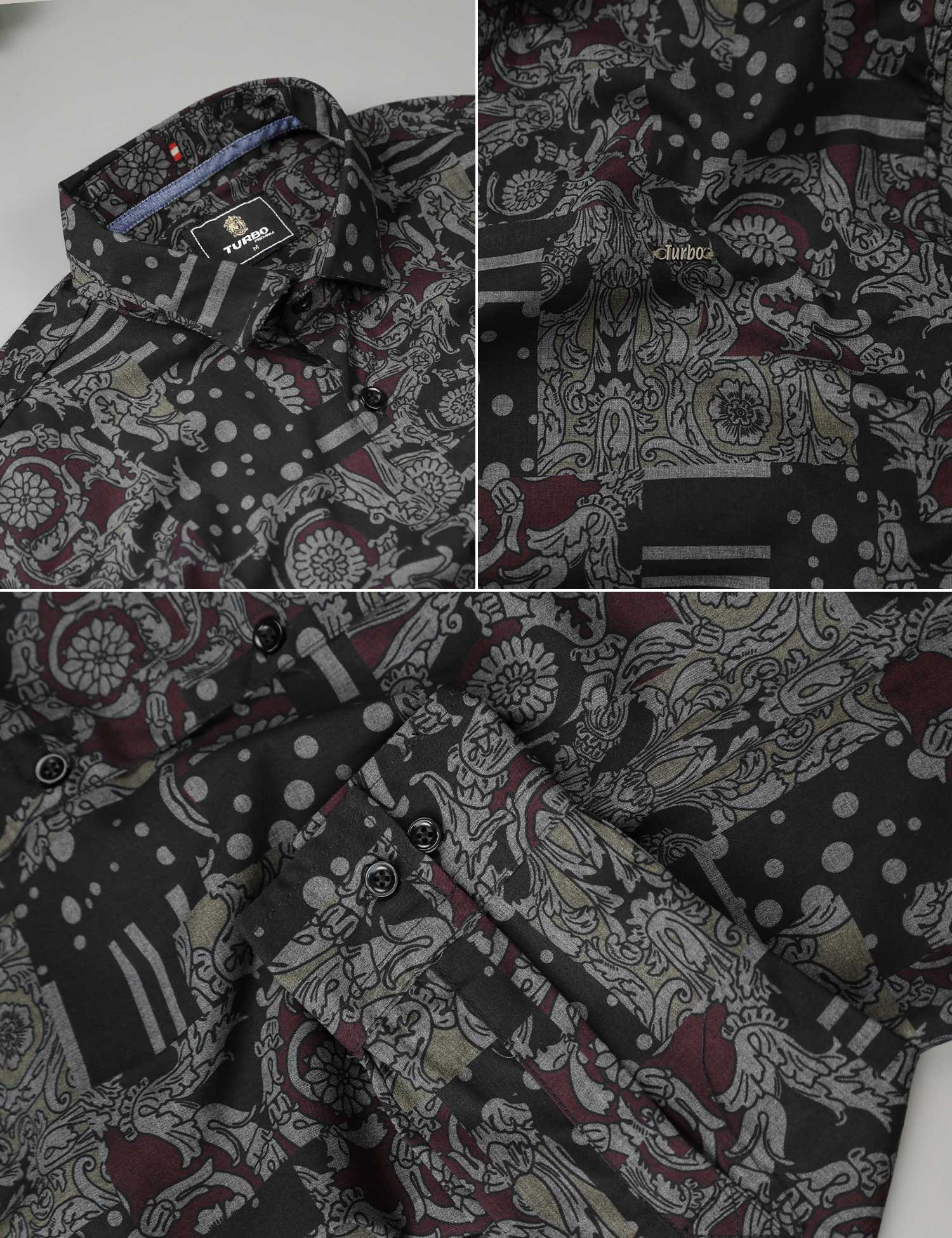 Turbo Retro Flower Motif Long Sleeve Cotton Casual Shirt In Black