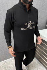 Tmy Hlfgr Embriodered Half Zip Full Sleeves Men's Sweatshirt