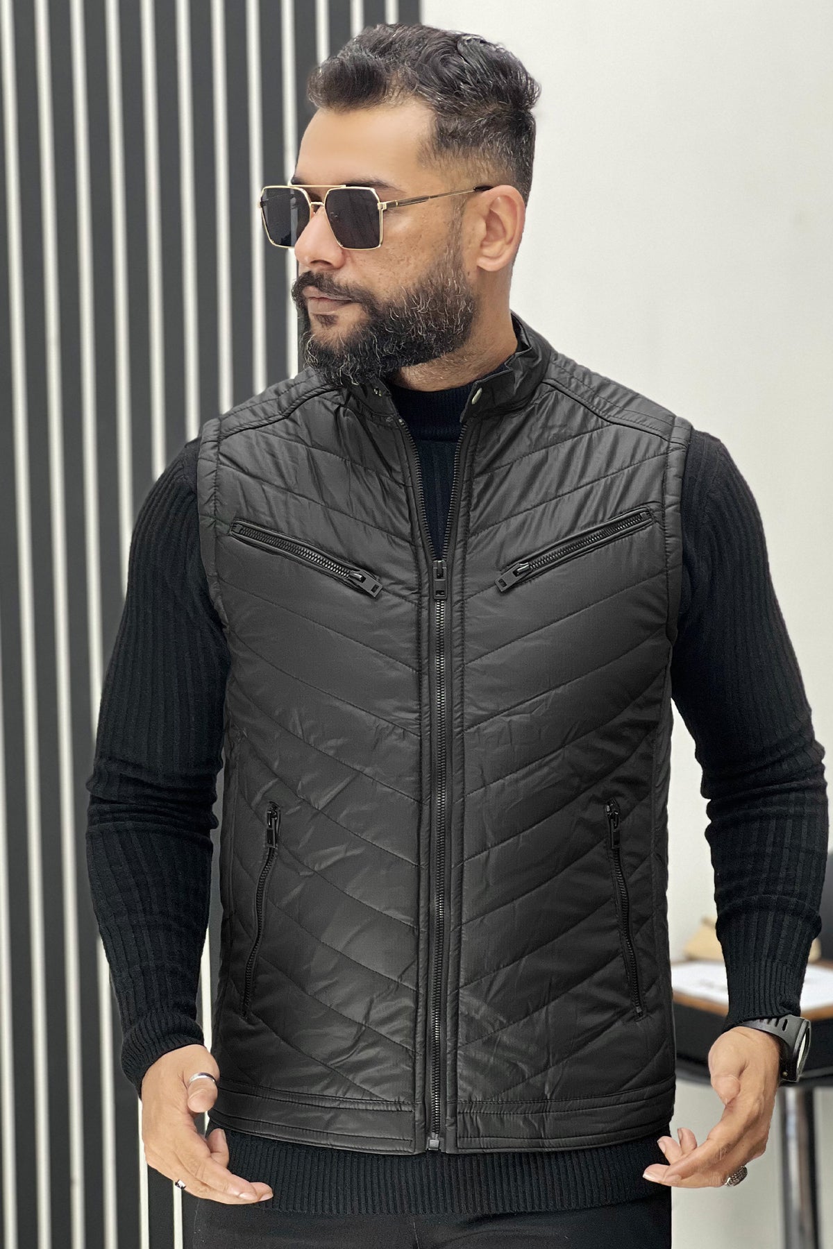 Winter Insulated PU Leather Imported Men's Gilet In Black