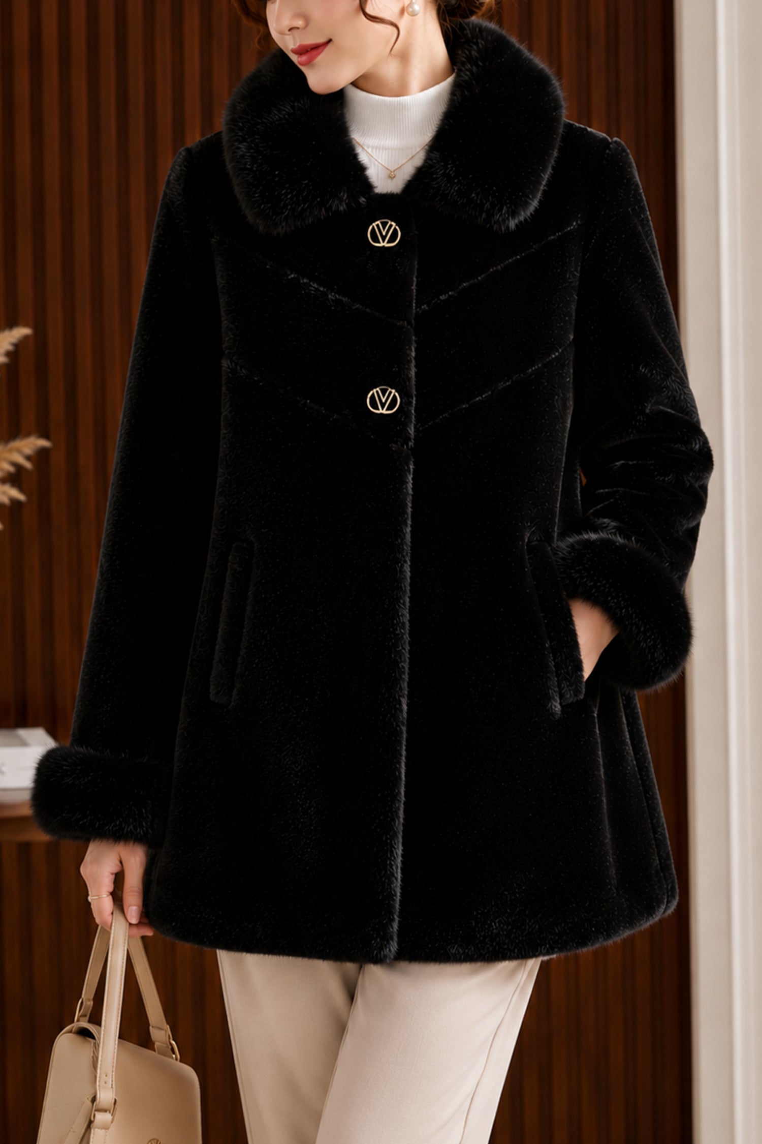 Women's Double Faux Fur Teddy Imp Wool Long Coat In Black